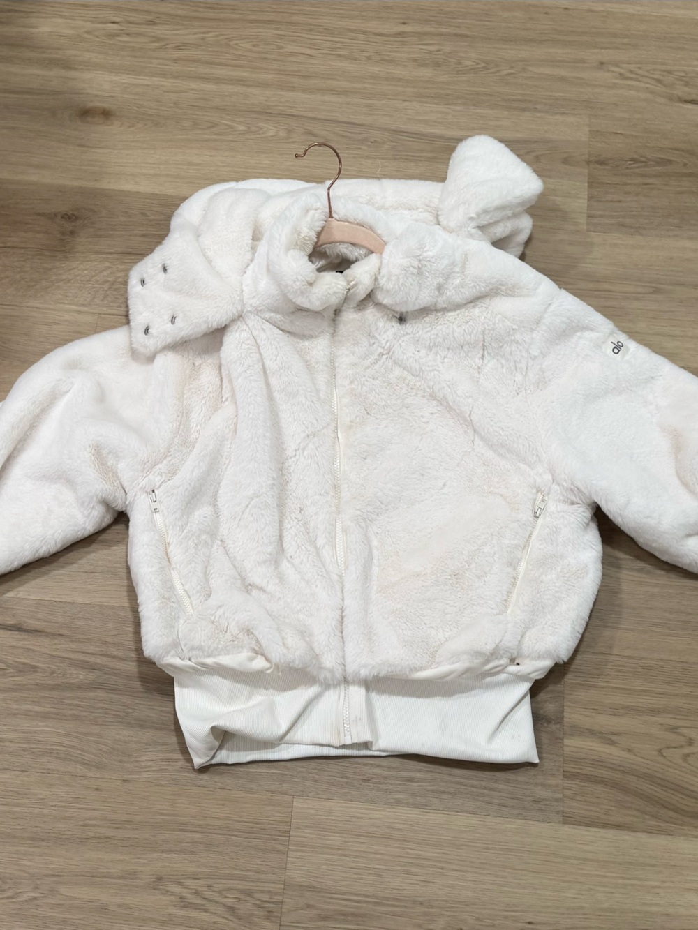ALO Yoga Cream White Faux Fur Hooded Jacket